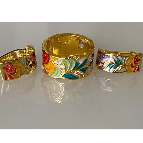 Anthro Silver Gold Enamel Ornament Boho Floral Wide Earrings Jewelry Dopamine - Picture 14 of 17